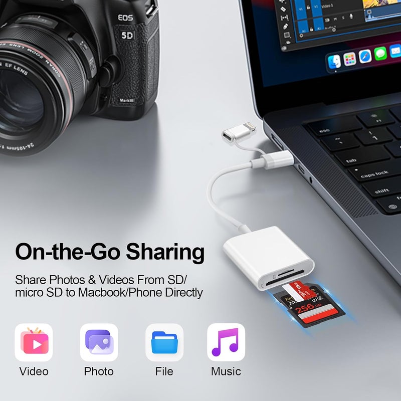 Denlane قارئ بطاقة SD لجهاز iPhone و iPad و Mac، موصل مزدوج USB C و Lightning، محول كاميرا رقمية لجهاز iPhone، محول بطاقة SD لبطاقات الذاكرة SD/TF/بطاقة SIM، توصيل وتشغيل، ملحقات الكاميرا - Image 2